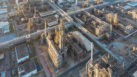 Aerial top down photo of petroleum refineryの写真素材