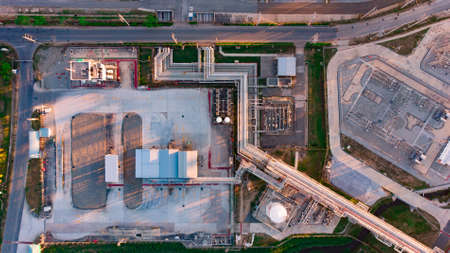 Aerial top down photo of petroleum refineryの写真素材