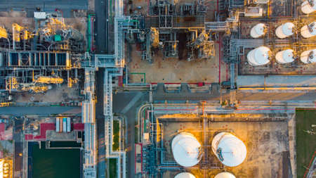 Aerial top down photo of petroleum refineryの写真素材
