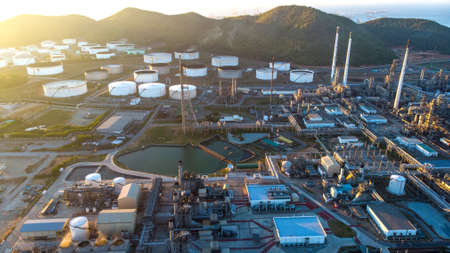 Aerial top view Electrical power plant, support oil refinery and gas refinery plant form industry zoneの写真素材