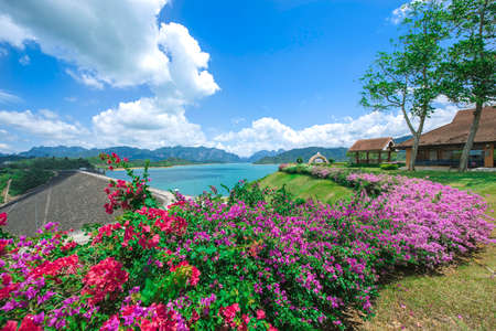 Beautiful blue sky with flower and clear water , Ratchaprapa Dam or Guilin of Thailand the famous of Nation Park in Suratthani, Thailandの写真素材