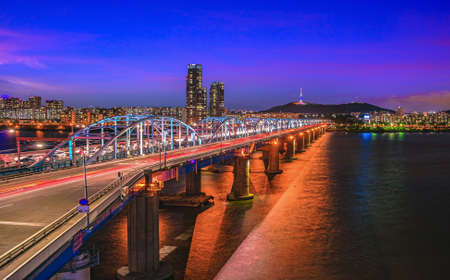 Twilight at Dongjak Bridge and Han river in Seoul City , South Koreaの写真素材