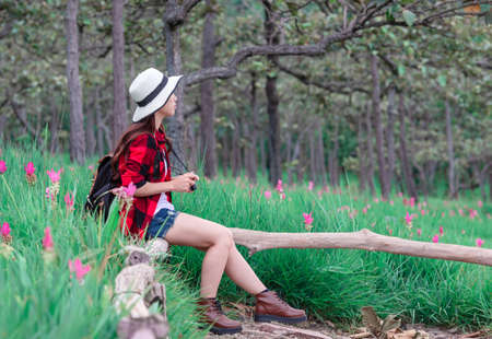 Asian woman taking pictures of Krajiew flower at Saithong national park,Chaiyaphum province,Thailandの写真素材