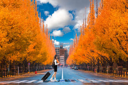 Asian female tourists cross the street, follow the map to find accommodation near tourist spots in Tokyo, Japanの写真素材