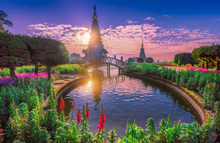 Pogoda in Doi inthanon mountain with morning sunrise in Chaingmai, Thailandのeditorial素材