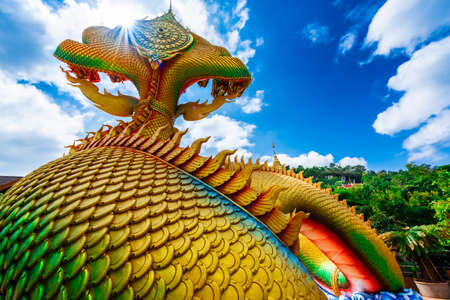 Big gold naga statue in Wat tham pha daen temple, the famous place of Sakon Nakhon Province, Thailand.の写真素材
