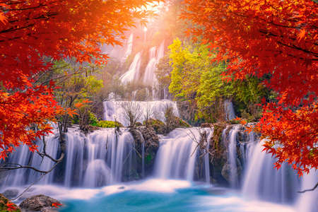 Beautiful waterfall in autumn,teelorsu waterfall in Thailandの写真素材