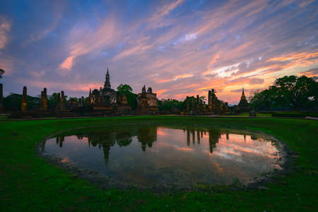 Sukhothai historical park, the old town of Thailand, At twilightの写真素材