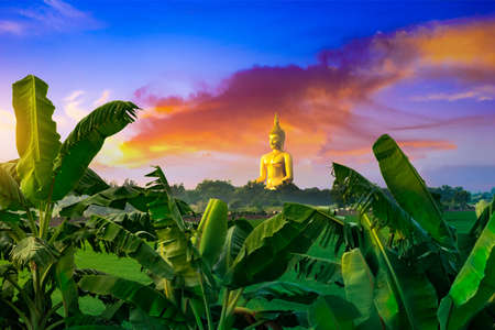 Sunrise at Big Buddha statue  have banana tree is foreground at Wat Muang, Ang Thong Province, Thailandの写真素材