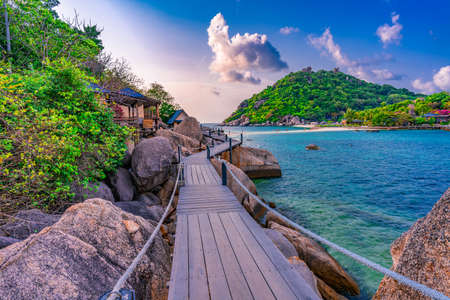 Wooden pathway up to the viewpoint of Koh Nang Yuan island, KohNang Yuan island near Koh Tao island in Surat Thani Province, Thailandの写真素材