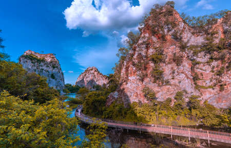 Scenery of Hin Kao Nguu National Park with tourists are traveling on a walkway,The famous attraction in Ratchaburi,Thailandの写真素材