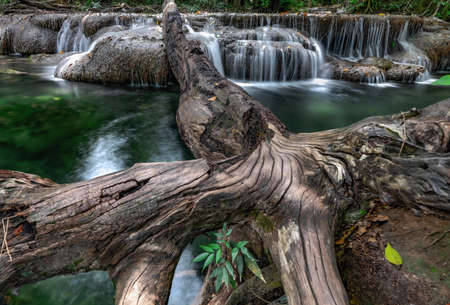 Waterfalls with a timber like a bridge, Erawan waterfall, Kanchanaburi,Thailandの写真素材