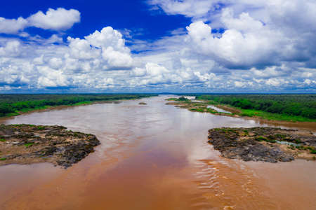 The narrowest point of the Mekong River border Thailand and Laos at Ubon Ratchathani Provinceの写真素材