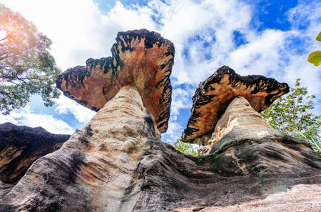 The million years mushroom stone pillars.The stone pillars that have been eroded by water and wind at Pha taem national park in Ubon Ratchathani province, Thailandの写真素材