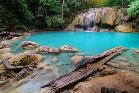 Erawan Waterfall with clear turquoise water at Kanchanaburi, Thailandの写真素材
