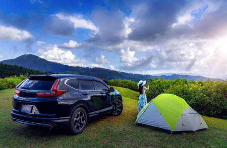 Adventures, travel and camping in Tung Bua Tong fields, Mae Hong Son Province, Thailandの写真素材