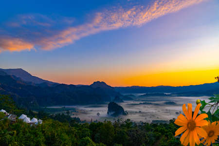 Mountain views of Phu Langka National Park and misty, Phayao province,Thailandの写真素材