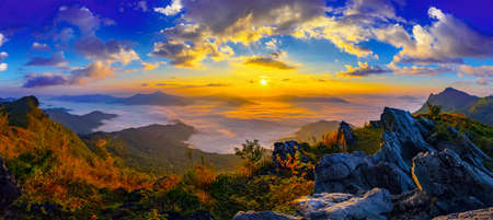 Panorama Sunrise and misty at Doi Phatang viewpoint, Chiangrai province, Thailandの写真素材