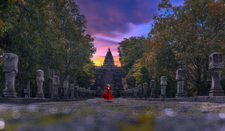 Asian woman tourists visit Phanom Rung historical park Castle  in Buriram Province, Thailandの写真素材