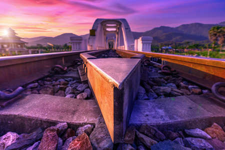 Sunrise at railway bridge cross over the river in Lamphun province in the north of Thailandの写真素材