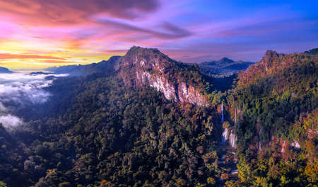 Aerial view sunrise of Deep Forest beautiful waterfall at Thi Lo Su, Tak province, Thailandの写真素材