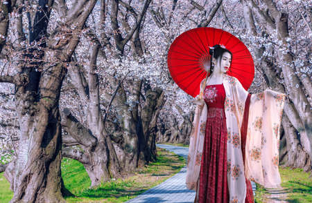 Beautiful Chinese woman wearing a red cheongsam with an umbrella in the cherry blossom gardenの写真素材