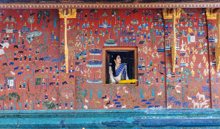Asian woman wearing a Lao national costume visits Wat Xieng Thong one of the most famous attraction place in Luang Prabangの写真素材