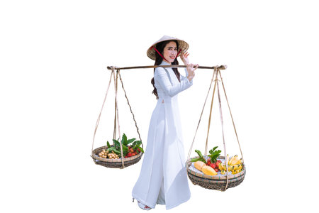 Asian woman wearing a Vietnamese Ao Dai carries a fruit basket , Isolated on a white background