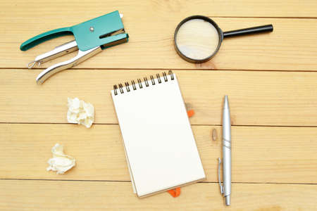 Office supplies on the woodの写真素材
