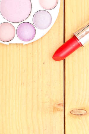 Makeup objects on woodの写真素材