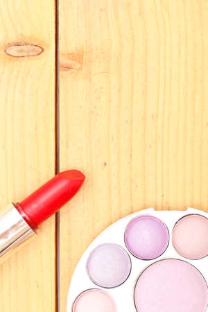 Makeup objects on woodの写真素材