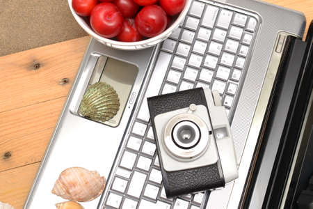 Laptop, shells, red plums and old cameraの写真素材