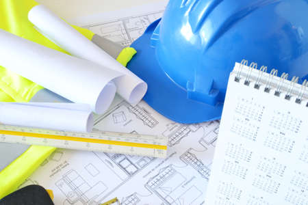 Helmet and tools for construction drawingsの写真素材