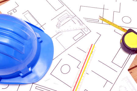 Helmet and tools for construction drawingsの写真素材