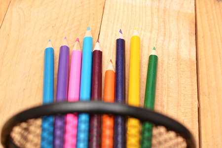 Colored pencils on woodの写真素材