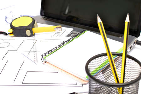 Architect plans and laptopの写真素材