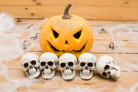 Halloween skulls and pumpkinの写真素材