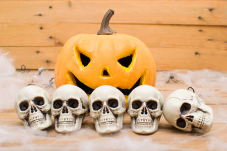Halloween skulls and pumpkinの写真素材