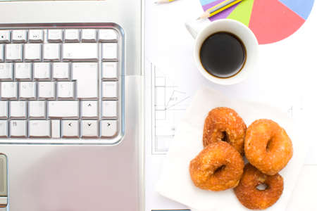 Computer and coffee in the office tableの写真素材