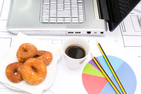 Computer and coffee in the office tableの写真素材