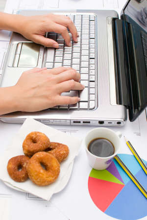 Computer and coffee in the office tableの写真素材