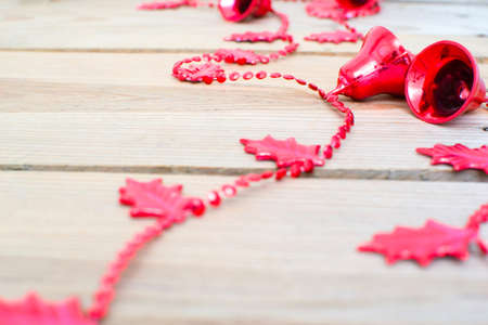 Christmas Bells on woodの写真素材