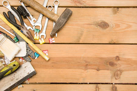 tools on woodの写真素材