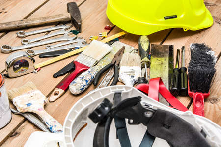 tools on woodの写真素材