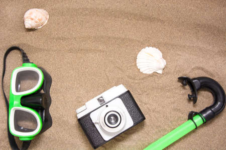 Beach supplies on sandの写真素材