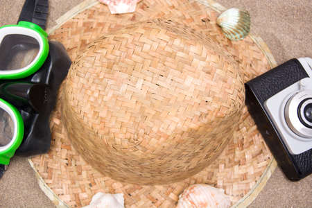 Beach supplies on sandの写真素材