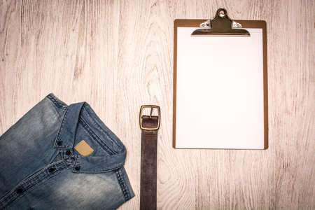 jean clothes on woodの写真素材