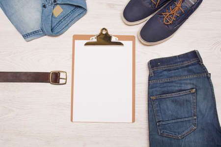 jean clothes on woodの写真素材