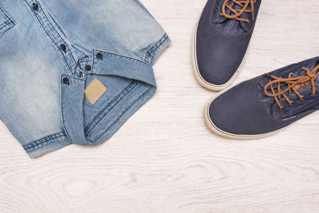 jean clothes on woodの写真素材