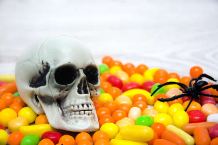 Halloween skull and candiesの写真素材